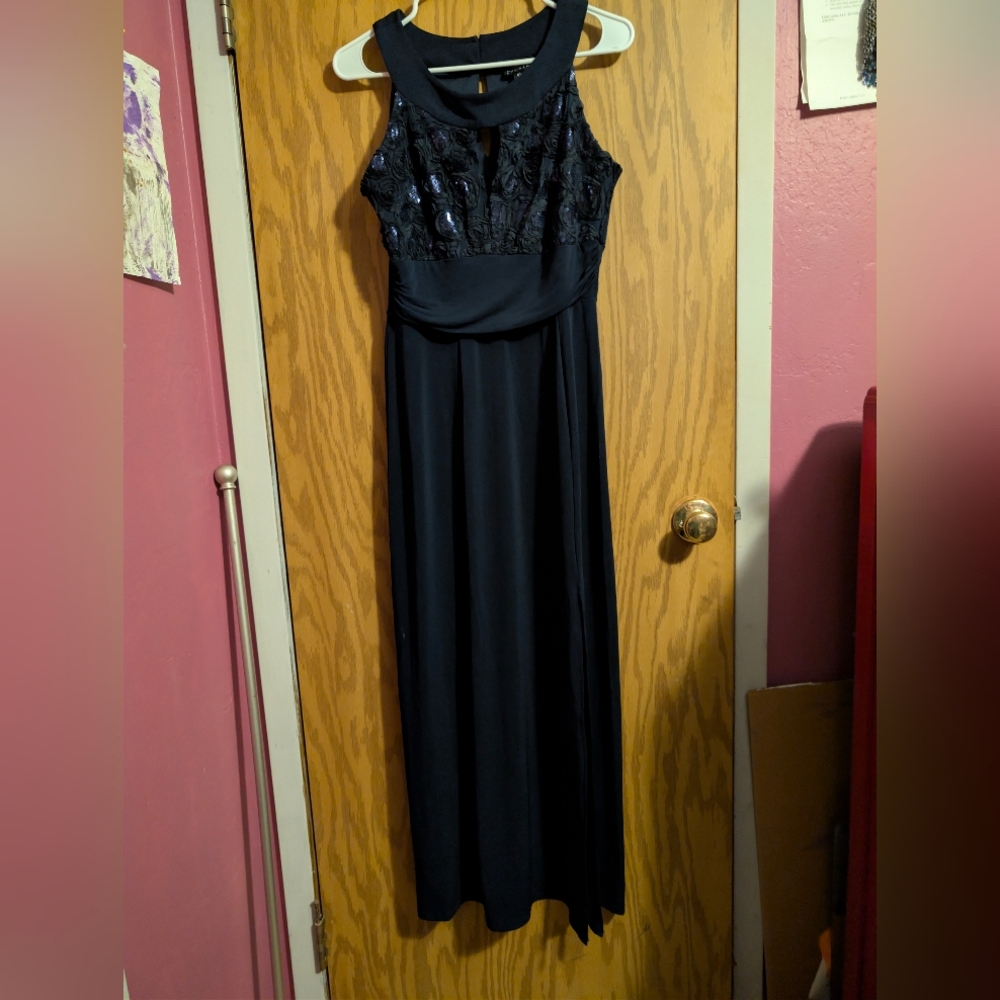 Elegant Midnight Navy Blue Sleeveless Sequin Bodice Maxi Dress